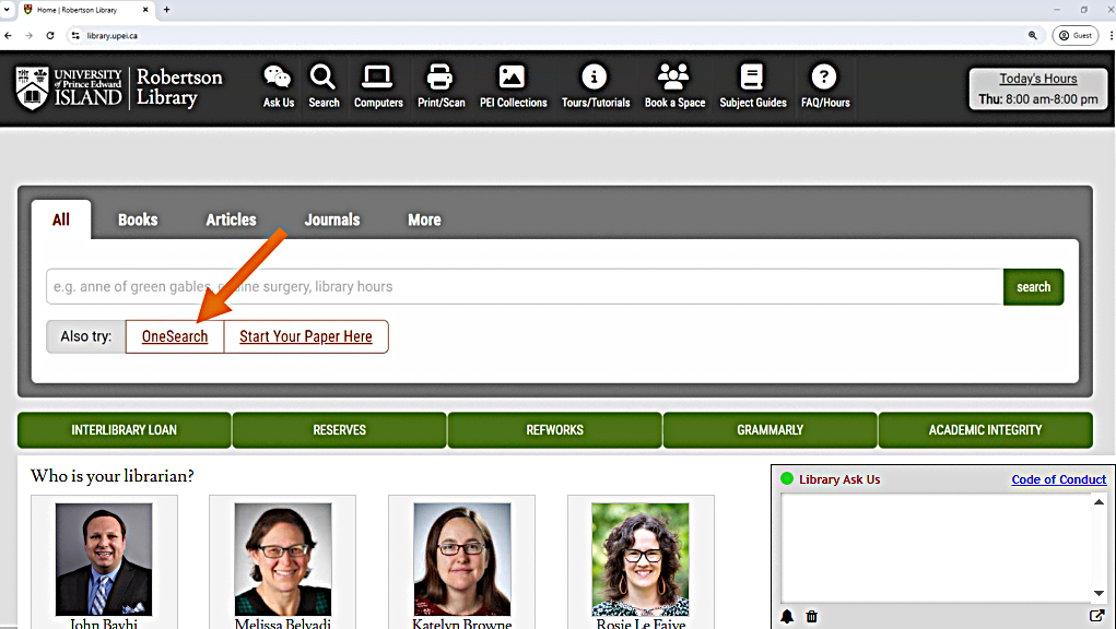 Arrow pointing to OneSearch tab on the library website.
