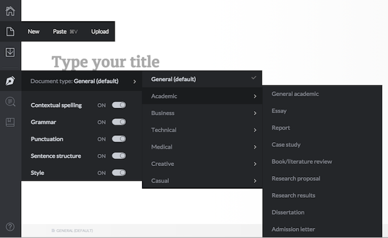 Grammarly document type and editing tool options